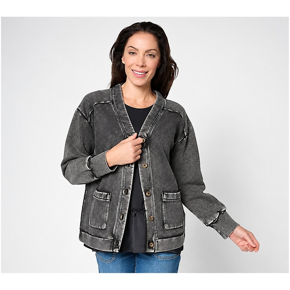 LOGO by Lori Goldstein Overdyed Button Front Cardigan Black, Large